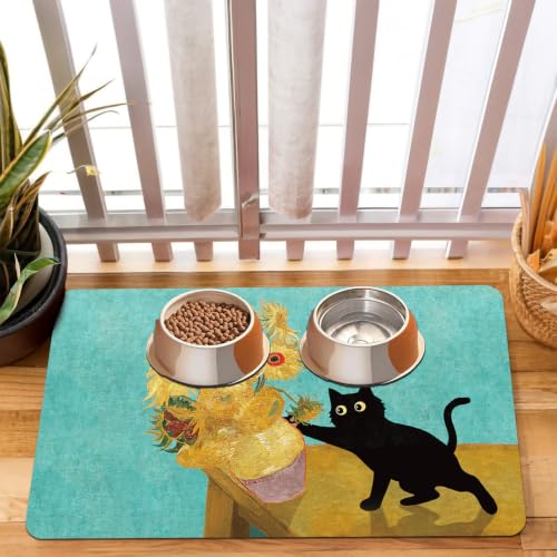 Pet Dog Cat Food Mat, Dog Bowl Mat for Food and Water 16 * 24 in, Black Cat | Absorbent Quick Dry Feeding Placemat with Non Slip Rubber Backing for Floors Indoor Puppy Pet Accessories Supplies - color: Black Cat, size: 24"L x 16"W