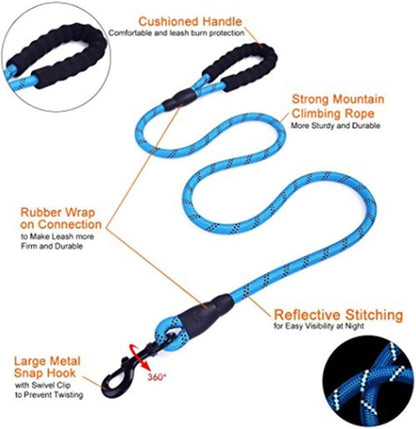 5 FT Strong Dog Leash for Medium Large Dogs Heavy Duty Rope with Reflective Threads Padded Handle for Big Dogs Puppy - color: Blue