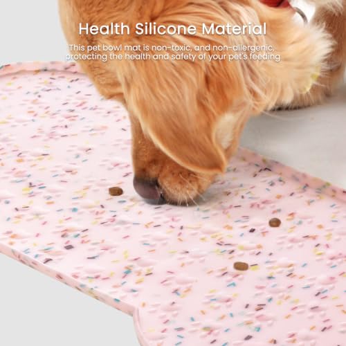 PWTAA Dog Food Mat Anti-Slip Silicone Dog Bowl Mat Thicker Pet Placemat Waterproof Cat Feeder Pad with Raised Edge Puppy Kitten Feeding Mats Suitable Small Medium-Sized Dogs Cats Eating Tray - 2PCS - color: Donut Pink, size: 19.4" x 9.8"-2PCS
