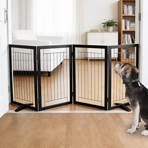 Dog Fence Indoor - 4-Panel Freestanding Dog Gate for Doorways, Hallways, House or Stairs -80x32-Inch Retractable Foldable Expandable Wood Pet by SFJC (Black) - color: Black, size: 【4 Panels】80''w X 32''h