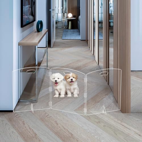 Clear Freestanding Dog Gate for Indoor Use,Pet Gates for Doorways no Drilling,Acrylic Foldable Dog Gate for Stairs with Support Feet (3Panel - 60''W x 23''H) - size: 3Panel - 60''W x 23''H