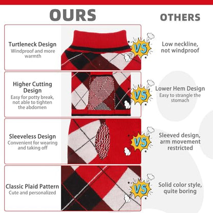 KOOLTAIL Dog Sweater Pet Knitted Clothes-Classic Plaid Pullover Turtleneck Red Fleece Dog Christmas Sweaters with Leash Hole, Thick Warm Dog Winter Clothes for Small Medium Large Dogs Cats Puppy, ML