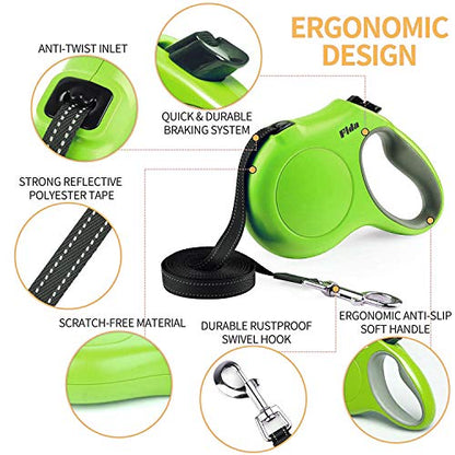 Fida Retractable Dog Leash for Medium Breed up to 44 lbs, 16 ft Pet Walking Leash with Dispenser and Poop Bags, Anti-Slip Handle, Reflective Strong Nylon Tape, One-Handed Brake (M, Green) - color: Green, size: Medium, 16ft