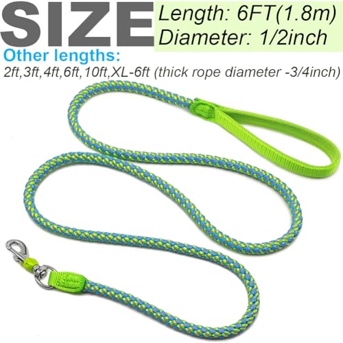 2/3/4/6/10 Foot Reflective Dog Leash Strong Nylon Rope Braided Heavy Duty for Large and Medium Small Dogs Walking Training Leads (Green, 6ft * 1/2") - color: Green, size: 6ft * 1/2"