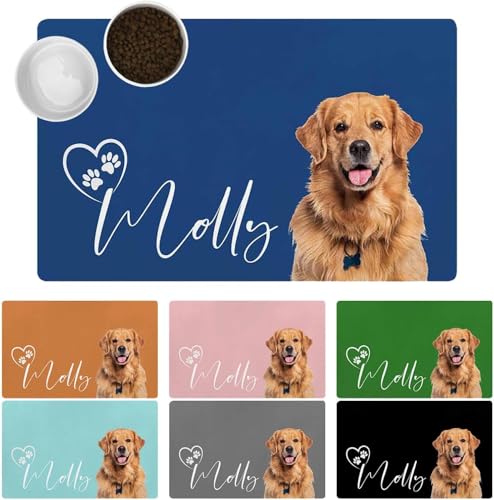 Personalized Dog & Cat Food Mat with Name & Photo Waterproof PU Pet Bowl Mat Non-Slip Rubber Bottom Easy Clean 3 Sizes (24"×16", 30"×20", 36"×24") Photo & Name - color: Photo & Name