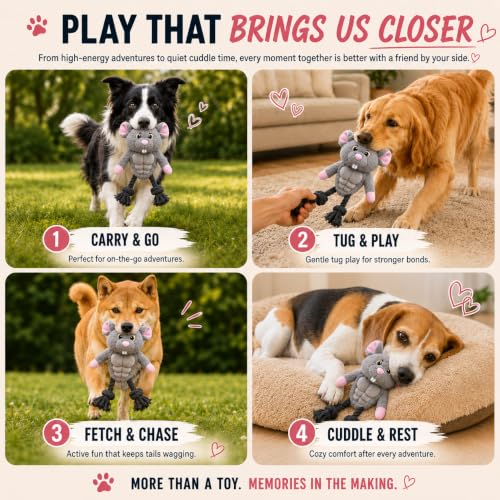 Funny Muscle Mouse Dog Toy with Squeaky Rubber Chest & Rope Legs, Interactive Plush Toy for Medium to Large Dogs, Multi-Texture Toy for Tug, Toss & Supervised Play - color: Gray