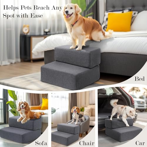 Dog Stairs for Small Dogs 12" H, Modular 2-Step Dog Steps for Bed and Couch, Non-Slip Indoor Pet Stairs for Cats, Pet Step with Washable Cover Grey - size: 2-Step 18"D x 16"W x 12"H