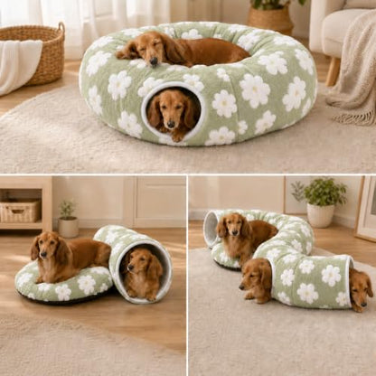 SnugTail Dachshund Tunnel Bed, Flower Design Plush Foldable Dog Cave Bed for Anti-Anxiety, Washable Covered Bed for Miniature Dachshunds, Puppies, Cats, Self-Warming Mat