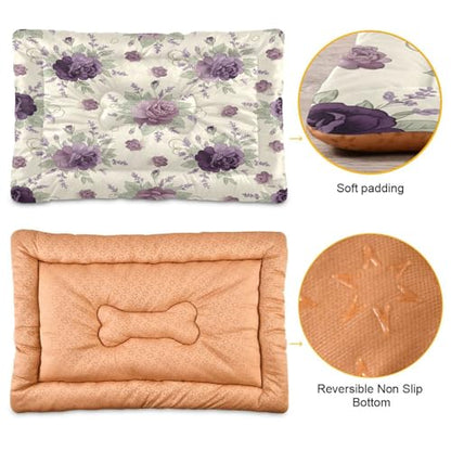 Purple Flowers Pattern Pet Bed Mat for Dogs and Cats, Soft Washable Crate Pad with Non-Slip Bottom, Cozy Bed Cushion for Small Medium Large Pets, 24x36 Inch - size: Medium