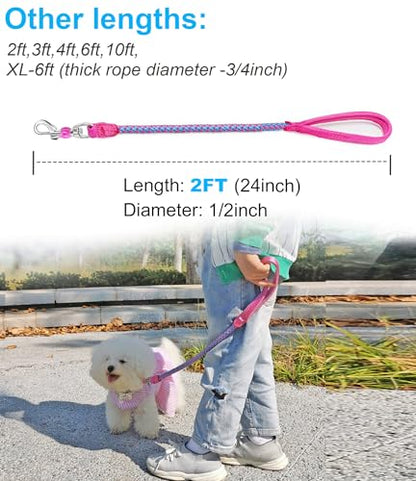 2/3/4/6/10 Foot Reflective Dog Leash Strong Nylon Rope Braided Heavy Duty for Large Medium Small Dogs Walking Training Leads (Pink, 2ft * 1/2") - color: Pink, size: 2ft * 1/2"