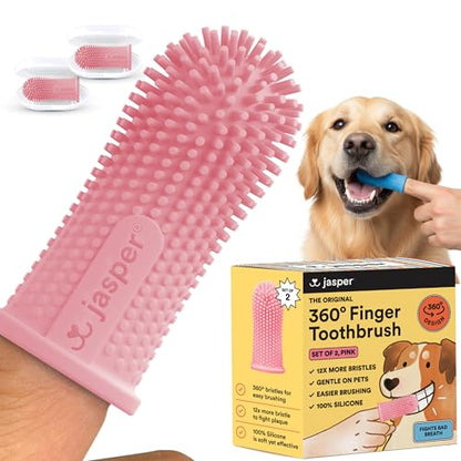 Jasper Dog Toothbrush, 360 Degree Pet Tooth Brushing Kit, Cat Toothbrush, Canine Dental Care & Teeth Cleaning Kit, Pet Finger Tooth Brush, Use with Dog Toothpaste, 2-Pack Pink - color: Pink (2-pack)