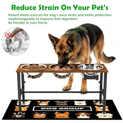 SHAINFUN Adjustable Height Elevated Dog Bowl Stand for Large & Extra Large Dogs – Wooden Raised Dog Bowls with Three 101oz Stainless Steel Bowls & Mat, Stainless Steel Food & Water Station - color: Brown-3L-Three