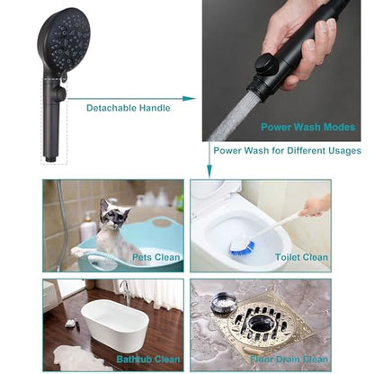 GwernKB Handheld Shower Head with On Off Switch,8-mode High Pressure Shower Wand with Long Hose and Bracket Extra Adhesive Holder for Lower Mount,Built-in Power Wash to Clean Tub,Tile & Pets,Black… - color: Matte Black
