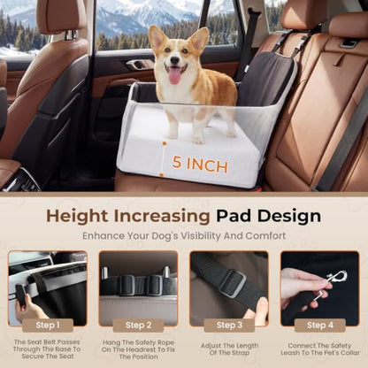 Dog Car Seat for Small/Medium Dogs Up to 35 lbs, 5in Booster Car Seat Cushion, Fully Detachable and Washable, with Safety Belt and Anti-Slip Base, Grey - color: Grey
