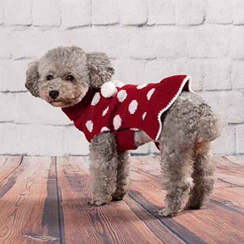 KYEESE Dog Sweater Dress with Leash Hole Small Turtleneck for Girl Dog Sweater Dress Polka Dot Knit Warm Puppy Sweaters with Pom Pom Ball - color: 04# Polkadot (Red), size: X-Small (2-3lbs)