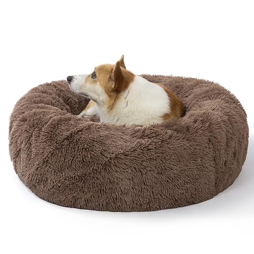 SAVFOX 30 inches Calming Donut Dog Bed - 3X Durable Plush Faux Fur, Machine Washable & Non-Slip, Fits up to 45 lbs, Brown - color: Brown, size: Medium | 30"x30"