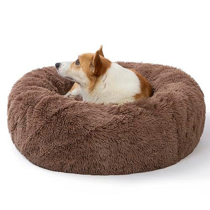 SAVFOX 30 inches Calming Donut Dog Bed - 3X Durable Plush Faux Fur, Machine Washable & Non-Slip, Fits up to 45 lbs, Brown - color: Brown, size: Medium | 30"x30"