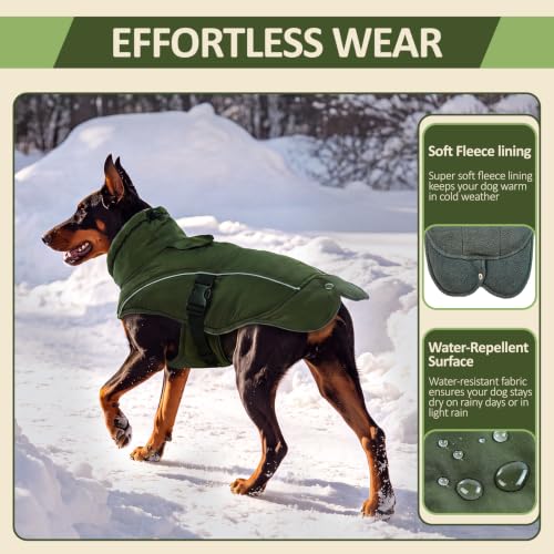 DENTRUN Warm Dog Winter Coat, Easy On Reflective Turtleneck Fleece Jacket | Adjustable buckle, easy on off, windproof & water-repellent, thick fleece snowsuit, outfit fits small to large breeds - color: Army Green, size: Large