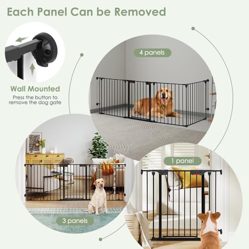 SMONTER Freestanding Dog Gate with Door Walk Through, 102" Extra Wide Foldable Dog Fence, 4 Panels 29" Tall Metal Pet Gate for Stairs, Hallways - size: 4 Panels 102" W x 29" H