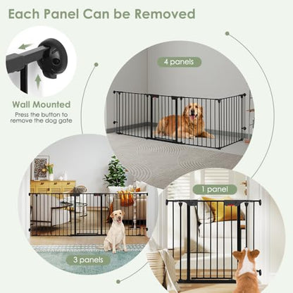 SMONTER Freestanding Dog Gate with Door Walk Through, 102" Extra Wide Foldable Dog Fence, 4 Panels 29" Tall Metal Pet Gate for Stairs, Hallways - size: 4 Panels 102" W x 29" H