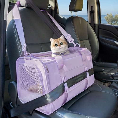 PETSFIT Soft-Sided Cat Carrier with Patented Safety Buckles, Lockable Zippers & Safety Tether,Escape-Resistant Travel Pet Carrier for Car Rides & Vet Visits, Airline Approved Under-Seat, Up to 12 lbs - color: Purple, size: 18.0"L x 11.0"W x 11.0"H