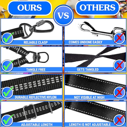 Double Dog Leash – Adjustable Length Long Leash for Dog Training – Dual Reflective Dog Leash with Non-Tangle Design – Heavy Duty Nylon and Metal Buckles – Ideal - color: Black