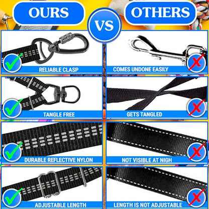 Double Dog Leash – Adjustable Length Long Leash for Dog Training – Dual Reflective Dog Leash with Non-Tangle Design – Heavy Duty Nylon and Metal Buckles – Ideal - color: Black