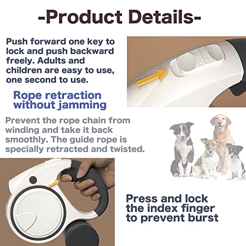 Retractable Dog Leash with LED Flashlight for Girl, 16ft Dog Walk Leash with Removable Poop Bag Holder for Small and Medium Dogs, Dog Leash with Reflective Strong Nylon Tape (3 Dog Poop Bag, White)