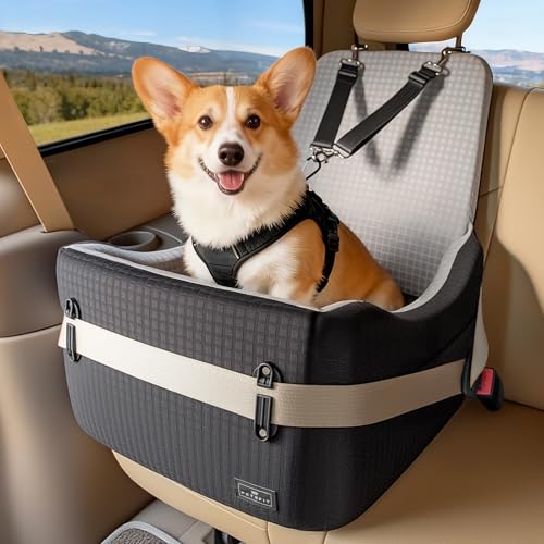 PETSFIT Dog Car Seat for Small/Medium Dogs Up to 35 lbs – Patented Safety System, 5" Memory Foam Pet Booster Car Seat, Fully Detachable and Washable Dog Carseat with 2 Storage Pockets (Black & Grey) - color: Black/Grey