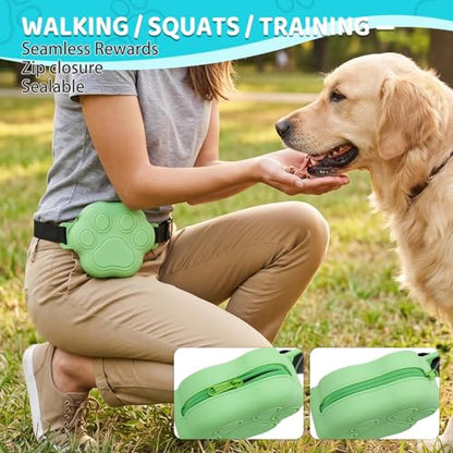 Dog Treat Pouch with Training Clicker and 2 Poop Bags, 1.8 Cup Small Sealable Zipper Silicone Fanny Pack with Waist Belt, Pet Puppy Training & Walking Essentials (Green) - color: Green