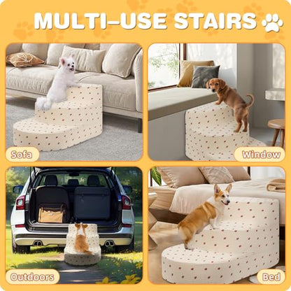 Dog Stairs 3 Steps Foam Pet Ramp for Small Dogs Cats, Strawberry | Non-slip foam stairs with washable cover, ideal for beds & sofas. Sturdy, safe & easy to clean. - color: Strawberry-3-Step