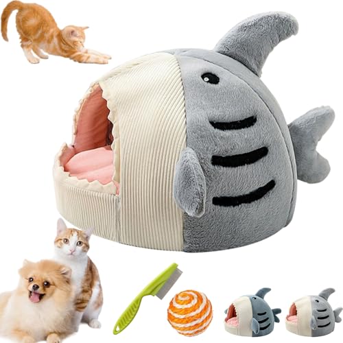 2026 New Shark Cat Bed, Shark Shaped Kennel, Anti-Slip Bottom, Cute Winter Warm Soft Sharks Mouth Cat Caves, Semi-Closed Cosy Cave Hideaway for Cats & Small Dogs (B,M) - color: B, size: M
