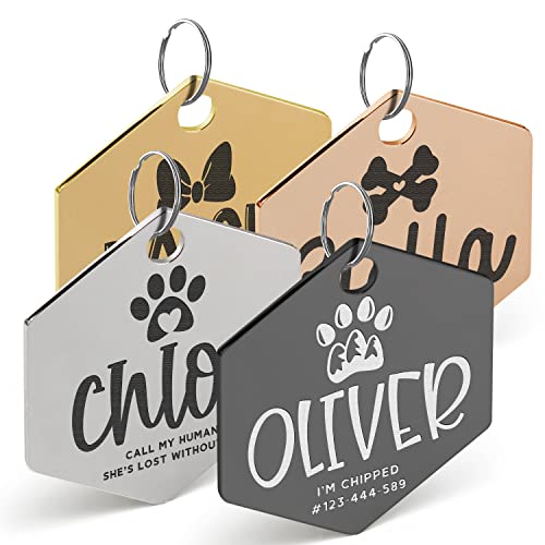 Engraved Pet ID Tags for Cats, Dogs - 4 Color & 5 Shape Options, Personalized w/ 20 Icons, Name, Address, Phone Number - Accessories for Four Legged Friends, Stainless Steel #Hexagon - Silver - style: Hexagon