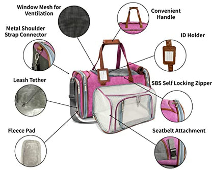 Mr. Peanut's Gold Series Mini Expandable Airline Approved Soft Sided Pet Carrier, Premium Brand Self Locking Zippers, Plush Faux Fleece Bedding with a Sturdy Plywood Base (Rosa Red)