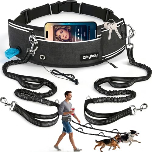 Hands Free Double Dog Leash for Two Dogs,240LB Heavy Duty Retractable with Partitioned Pouch Adjustable Waist for Walking Running Jogging Hiking Biking Training for Medium/Large(Not for＜25LBS)