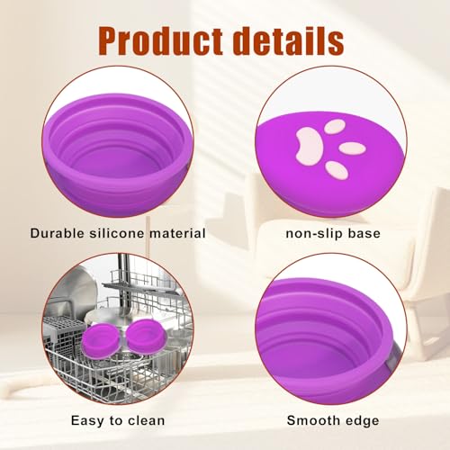 Collapsible Dog Bowl 2-in-1 Travel Portable Silicone Carabiner,Purpie | food & water use, folds flat, compact storage, camping, hiking, everyday walks, carabiner clip included - color: A-Purpie