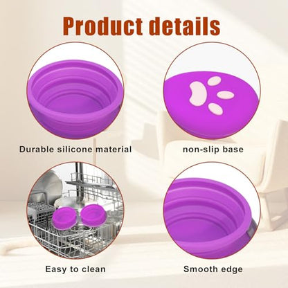 Collapsible Dog Bowl 2-in-1 Travel Portable Silicone Carabiner,Purpie | food & water use, folds flat, compact storage, camping, hiking, everyday walks, carabiner clip included - color: A-Purpie