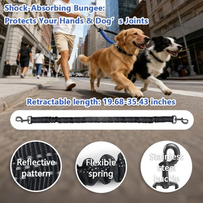 16.4ft LED 360° Dual Retractable Dog Leash for Medium Dogs 35–55 lbs, USB Rechargeable LED Light, 360° Tangle-Free, Detachable Front Lead & Emergency Ready, Reflective Elastic(Black) - color: Black