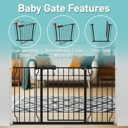 WAOWAO Baby Gate 158-170cm(62-67인치) 엑스트라 와이드 압력 장착 워크 스루 스윙 자동 닫힘 안전 블랙 메탈 유아 어린이 개 애완동물 강아지 계단, 출입구, 주방용 - color: 블랙., size: 62.19-66.92"/158-170cm