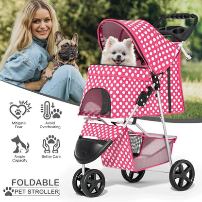 MoNiBloom 3 Wheels Pet Dog Cat Stroller for Small Medium Dogs Cats, Foldable Jogger Stroller w/Storage Basket and Cup Holder, Hot Pink Polka Dots - color: Hot Pink Polka Dots