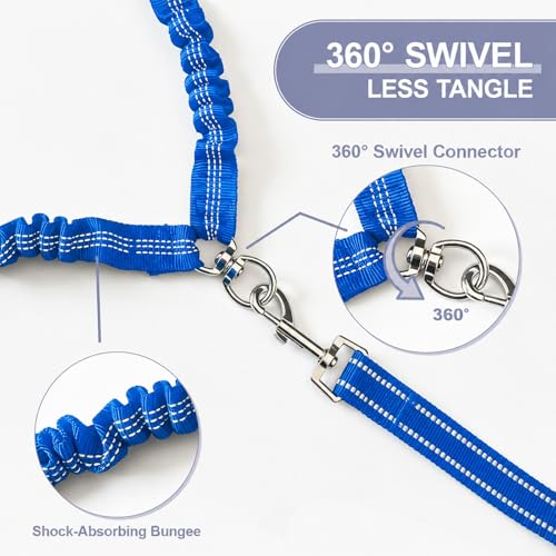 Double Dog Leash for Two Dogs, Complete Set with 31.5" Main Leash + Adjustable Splitter, Padded Handle, D-Ring, 360° Swivel, Shock-Absorbing Bungee, Reflective for Small Medium Large Dogs (Blue) - color: Blue
