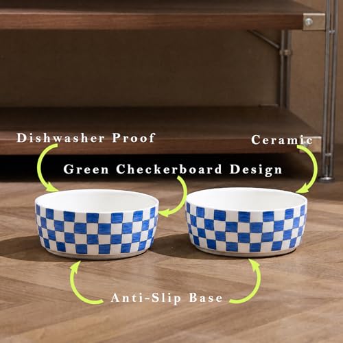 6.4 inch Ceramic Hand Painted Basic Dog Bowl Set of 2 with Anti-Skid Rubber Base, Food and Water Bowls for Small Pets,Blue - color: Blue