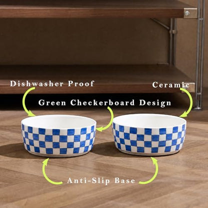 6.4 inch Ceramic Hand Painted Basic Dog Bowl Set of 2 with Anti-Skid Rubber Base, Food and Water Bowls for Small Pets,Blue - color: Blue
