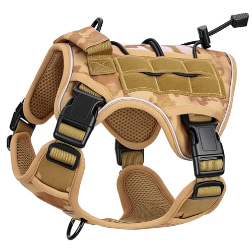 Heavy-Duty Tactical Dog Harness for Large Dogs, No Pull Adjustable Reflective Pet Vest with Molle System, K9 Military-Grade Control for Service Training, Outdoor & 10+ Breeds, Khaki Camo, Small - color: Khaki Camo, size: S: Neck: 14-18'', Chest: 20-24''