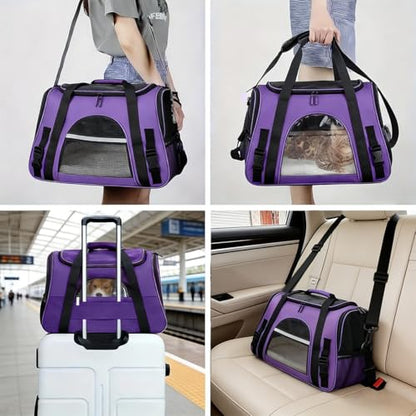 Cat Carrier Bag, Airline Approved Soft Carrier for Cats & Small Dogs | Airline approved pet carrier for pets under 15lb, breathable mesh with privacy cover, lightweight, foldable & washable - color: Purple