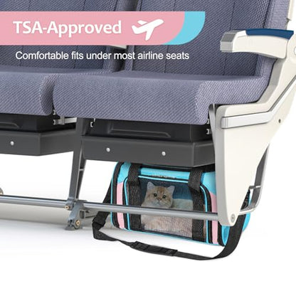 Discala Cat Dog Carrier Up to 15 Lbs TSA Airline Approved Pet Carrier for Small Medium Cats Puppies Dog Carriers for Small Dogs Collapsible Soft Sided Cat Travel Carrier - Blue&Pink 17"x11"x11" - color: Blue&Pink