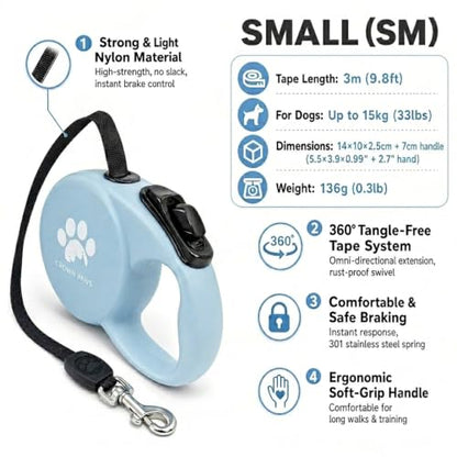 Chew Proof Retractable Dog Leash for Small Dogs up to 33lbs, 10ft Heavy Duty Dog Lead with Anti-Chewing Steel Wire Rope, Tangle-Free, One-Hand Brake & Lock, Blue S - color: Blue, size: Small