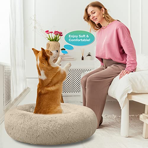 SAVFOX 45 inches Calming Donut Dog Bed - 3X Durable Plush Faux Fur, Machine Washable & Non-Slip, Fits up to 150 lbs, Beige - color: Beige, size: X-Large | 45"x45"