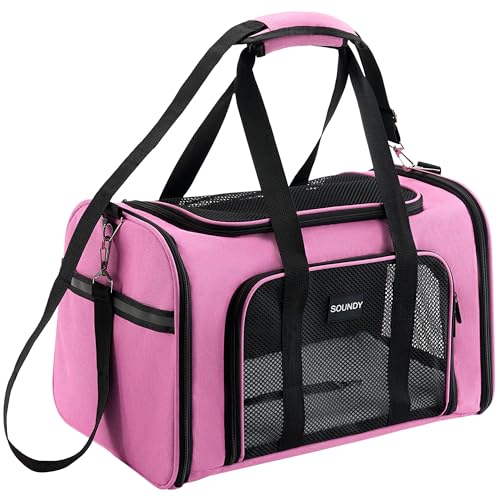 Soundy Large Cat Carrier Dog Carrier Under 25 Lbs,Collapsible Ventilated Portable Pet Bag with Soft Sided Breathable Mesh for Long Car Trips Maxi Load 2 Kittens or Small, Medium Dog (Large Pink) - color: Pink