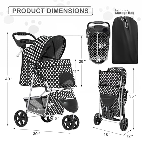 MoNiBloom 3 Wheels Pet Dog Cat Stroller for Small Medium Dogs Cats, Foldable Jogger Stroller w/Storage Basket and Cup Holder, Black Polka Dots - color: Black Polka Dots